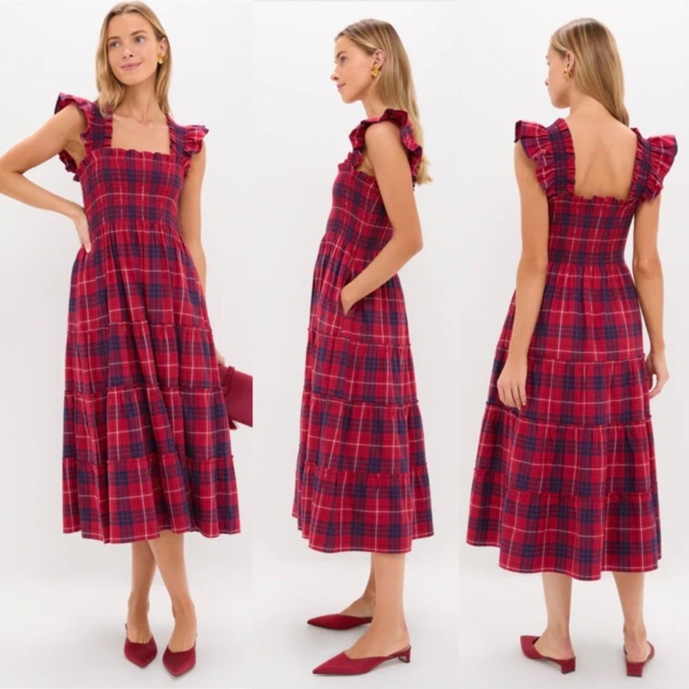 Hill House Home Ellie Nap Dress‎ Cherry Tartan Red Plaid Tiered Smocked Midi XL